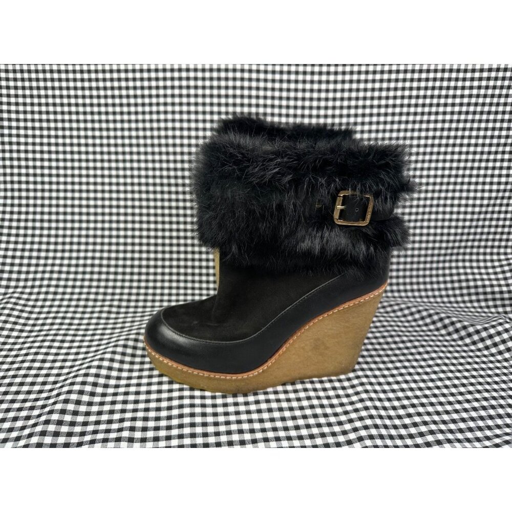 Tory Burch Andrea Rabbit Fur Wedge Boots Black Suede Women's Size 5.5 Buckle